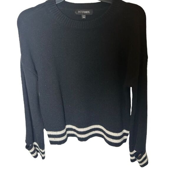 Intermix Bowie  Stripe Cropped Knit Top Women's Black Sweater with White Stripes - Picture 6 of 10